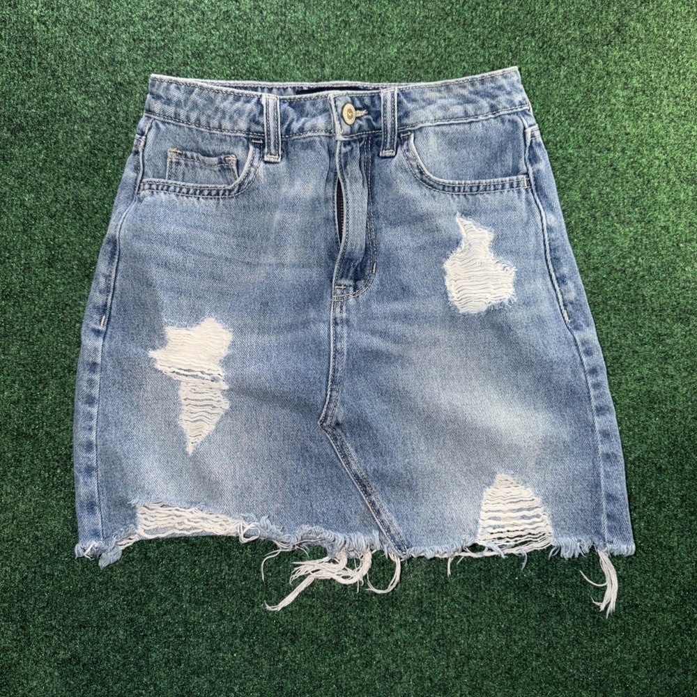 Hollister Ultra High-Rise Distressed Denim Mini Skirt Light Wash Size 1 W25